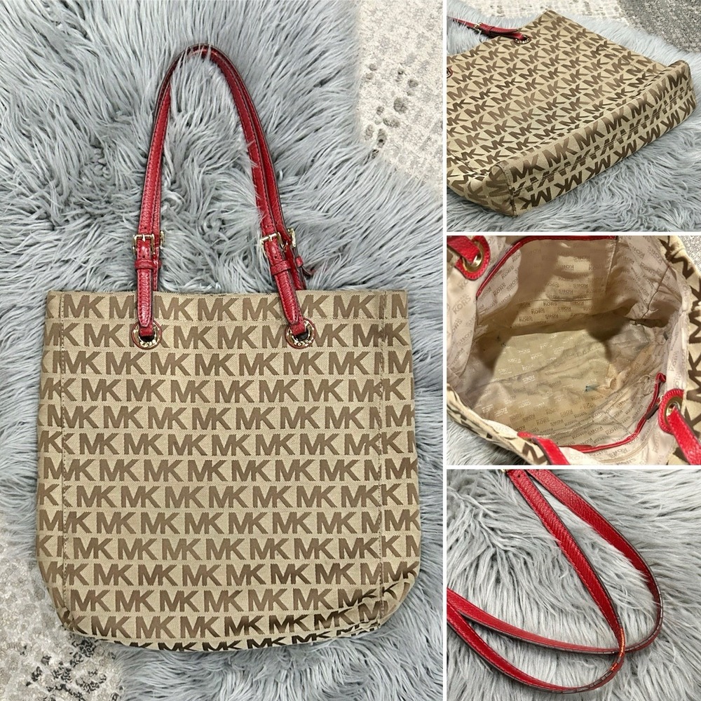 MK Michael‎ Kors Jet Set Signature Grab Bag Tote Tan/Red Jacquard Leather Y2K